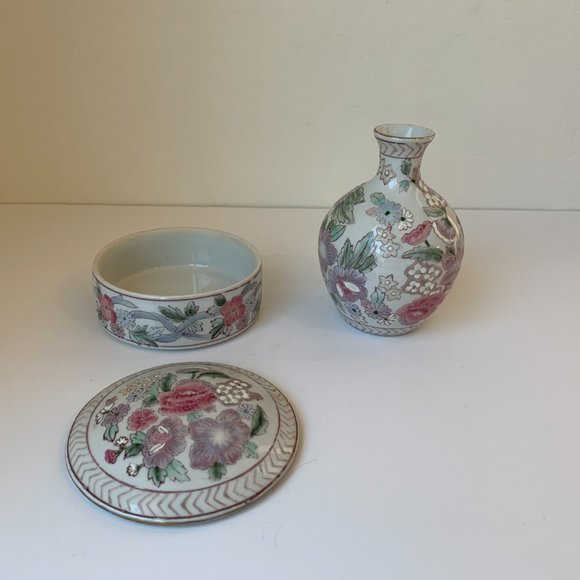 Vintage Chinoiserie Floral Vase & Candy Dish with Lid 3 PC Set Pink & Green - Picture 2 of 6